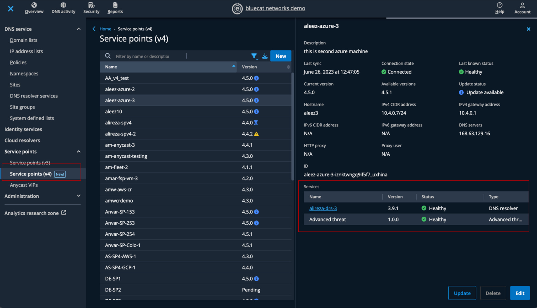 Screenshot of the BlueCat Edge Service Points 4 (SPv4) user interface