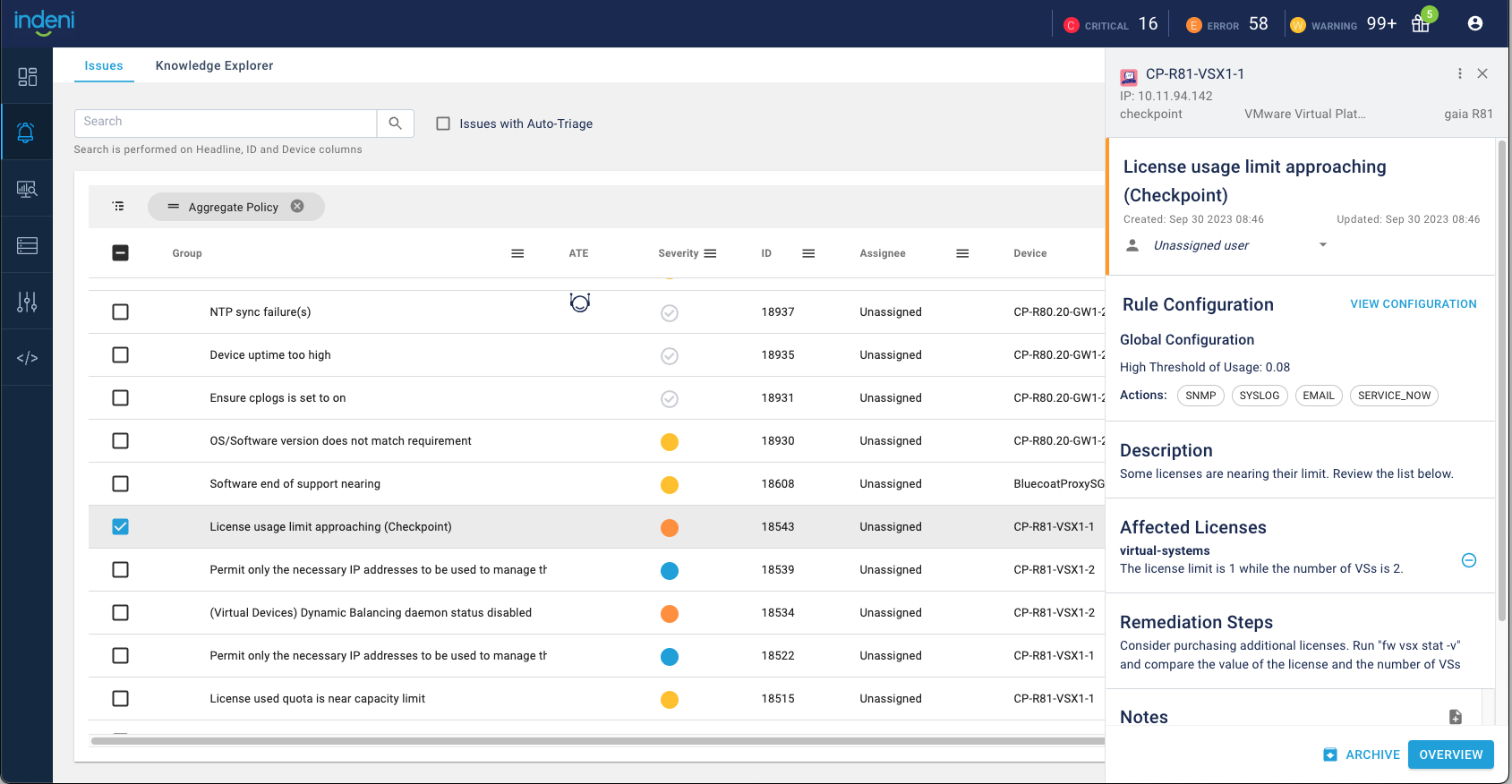 Screenshot of Infrastructure Assurance notifying the user that their Checkpoint license usage limit is approaching.