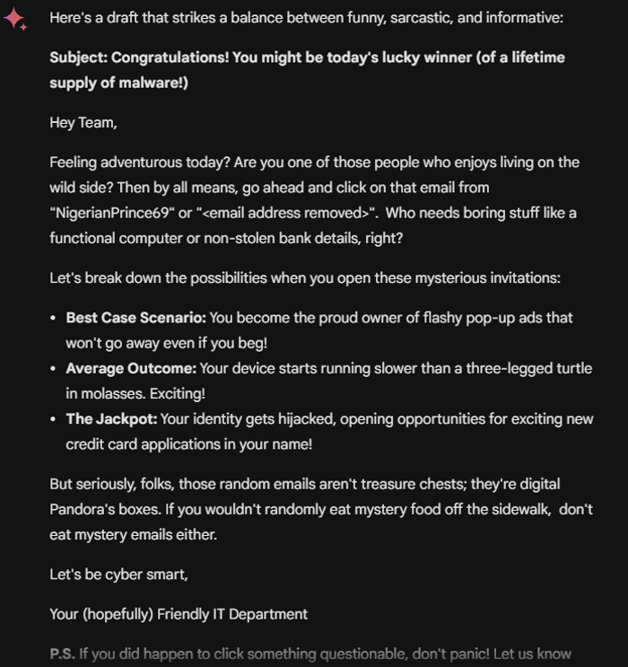 Gemini outputs a user awareness email after being given a prompt