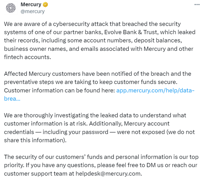 X post from Mercury about Evolve. First paragraph: 