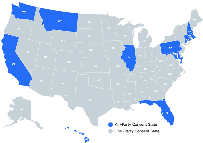 Map of all-party and one-party consent states